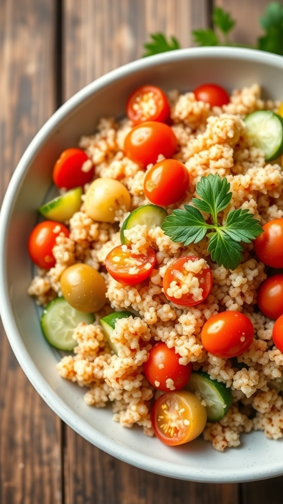 A colorful quinoa salad with cherry tomatoes, cucumbers, green olives, and parsley in a bowl on a wooden table.